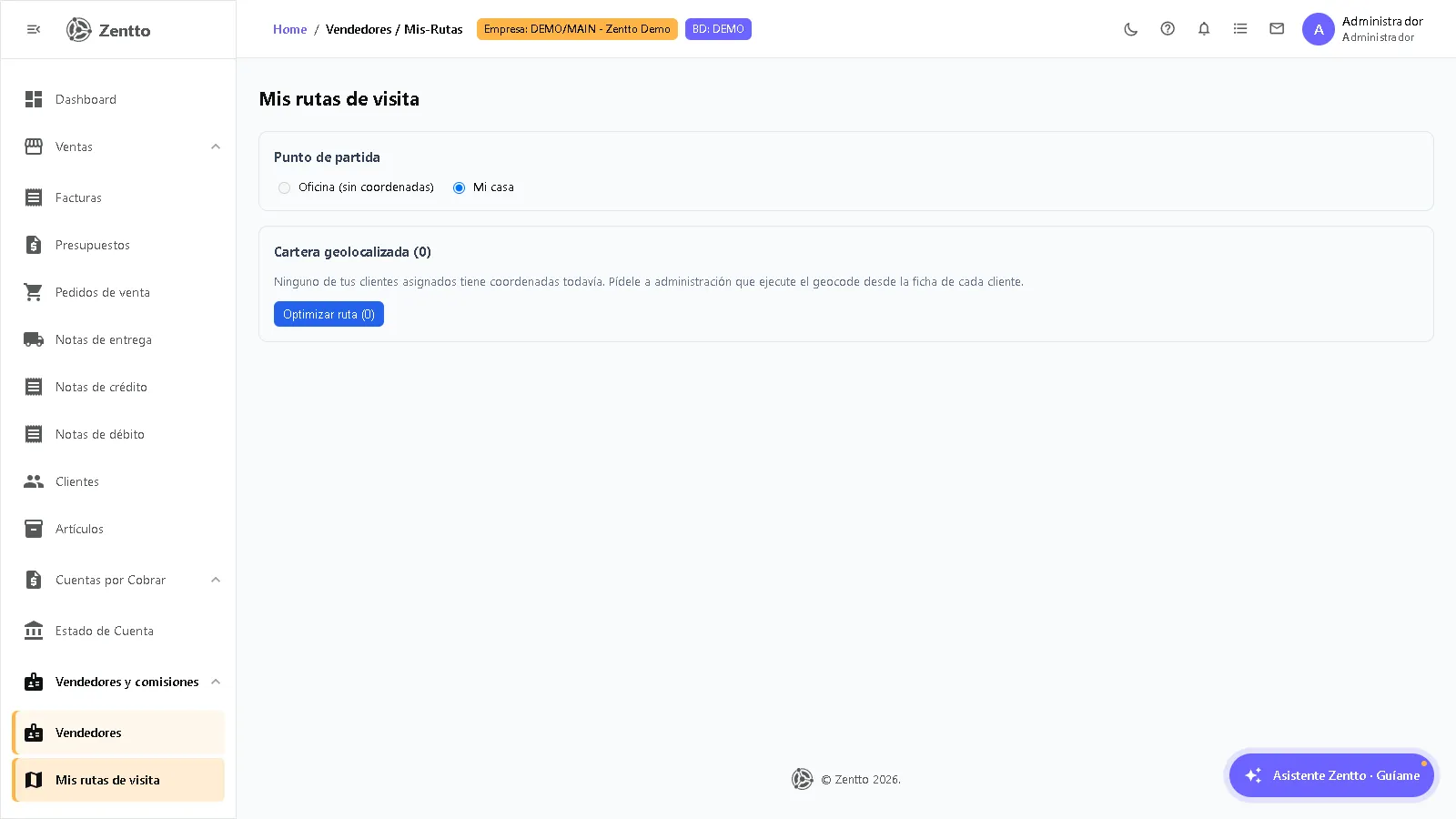 Mis rutas de visita con punto de partida (oficina o casa), cartera geolocalizada y botón Optimizar ruta