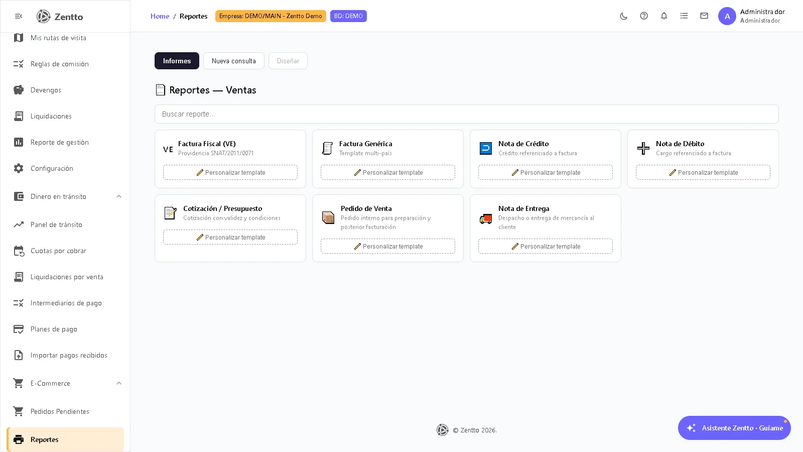 Panel de reportes de ventas con listado de reportes disponibles