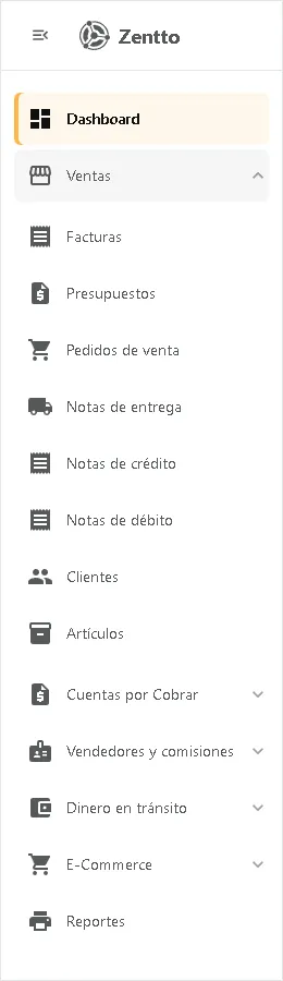Menú lateral del módulo Ventas con los grupos Dashboard, Ventas, Cuentas por Cobrar, Vendedores y comisiones, Dinero en tránsito, E-Commerce y Reportes